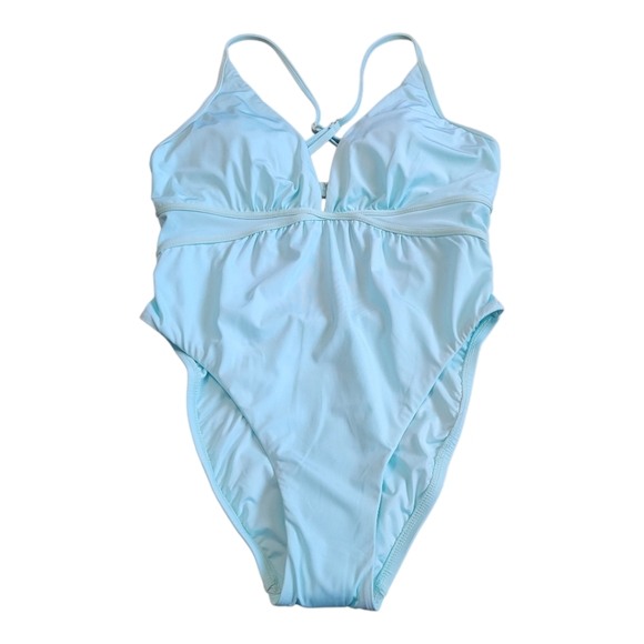 NWOT Bcbgmaxazria Plunging V-Neckline Shirr One Piece Swimsuit Aqua Blue Size 8 - Picture 7 of 17